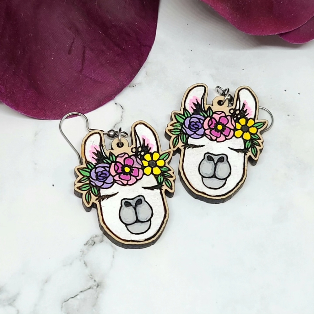 Handpainted Llama wood earrings